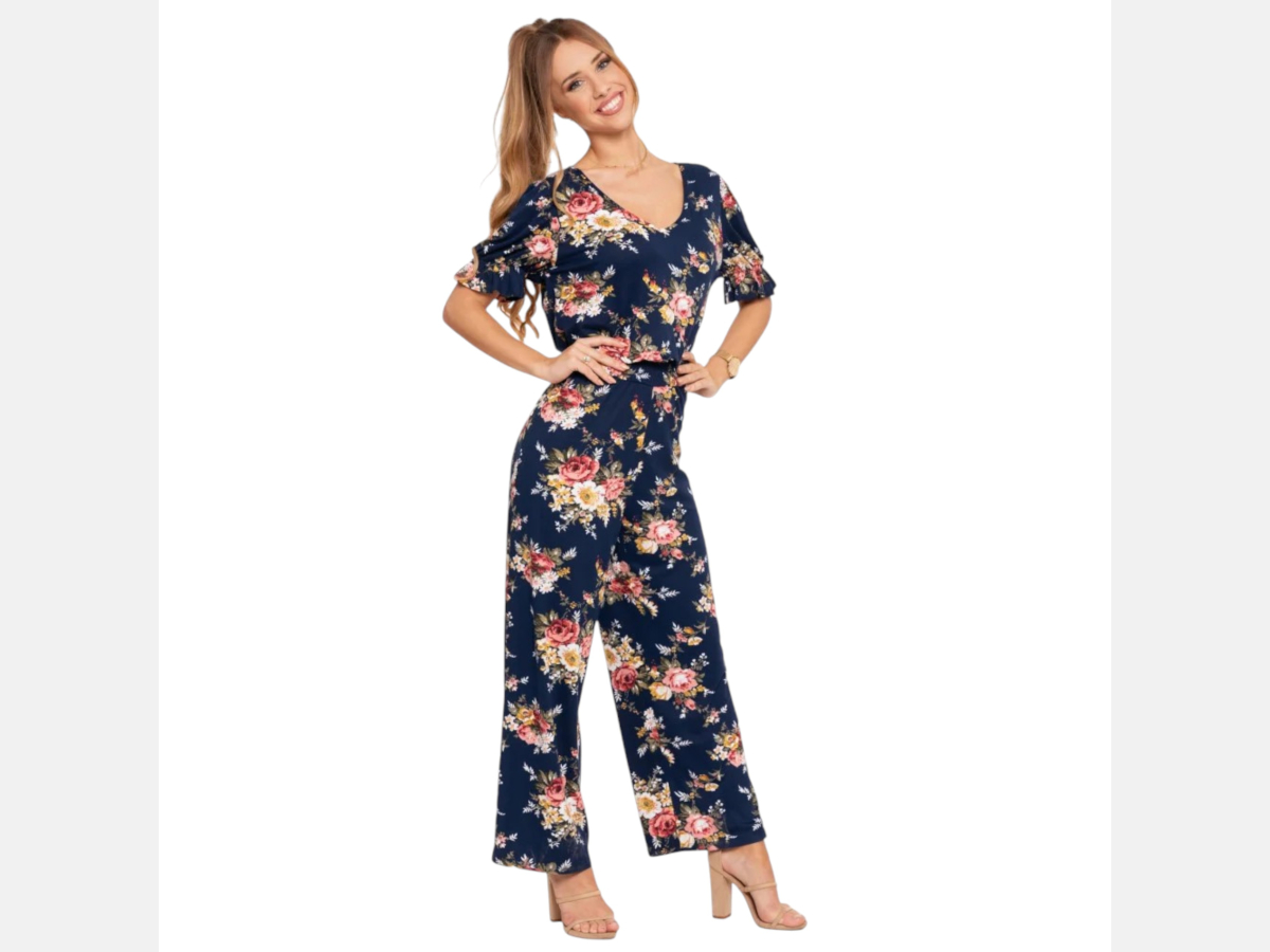 Kombinezon damski z szerokimi spodniami i krótkim rękawem w kwiaty MORAJ