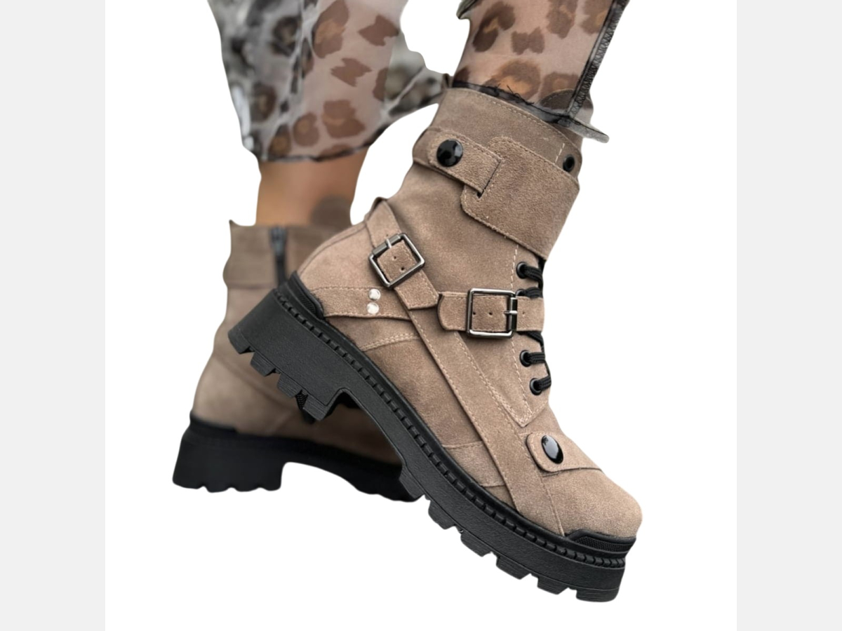 Ciemno beżowe TRAPERY damskie,sznurowane, zamek, paski hardcorowe LURSO