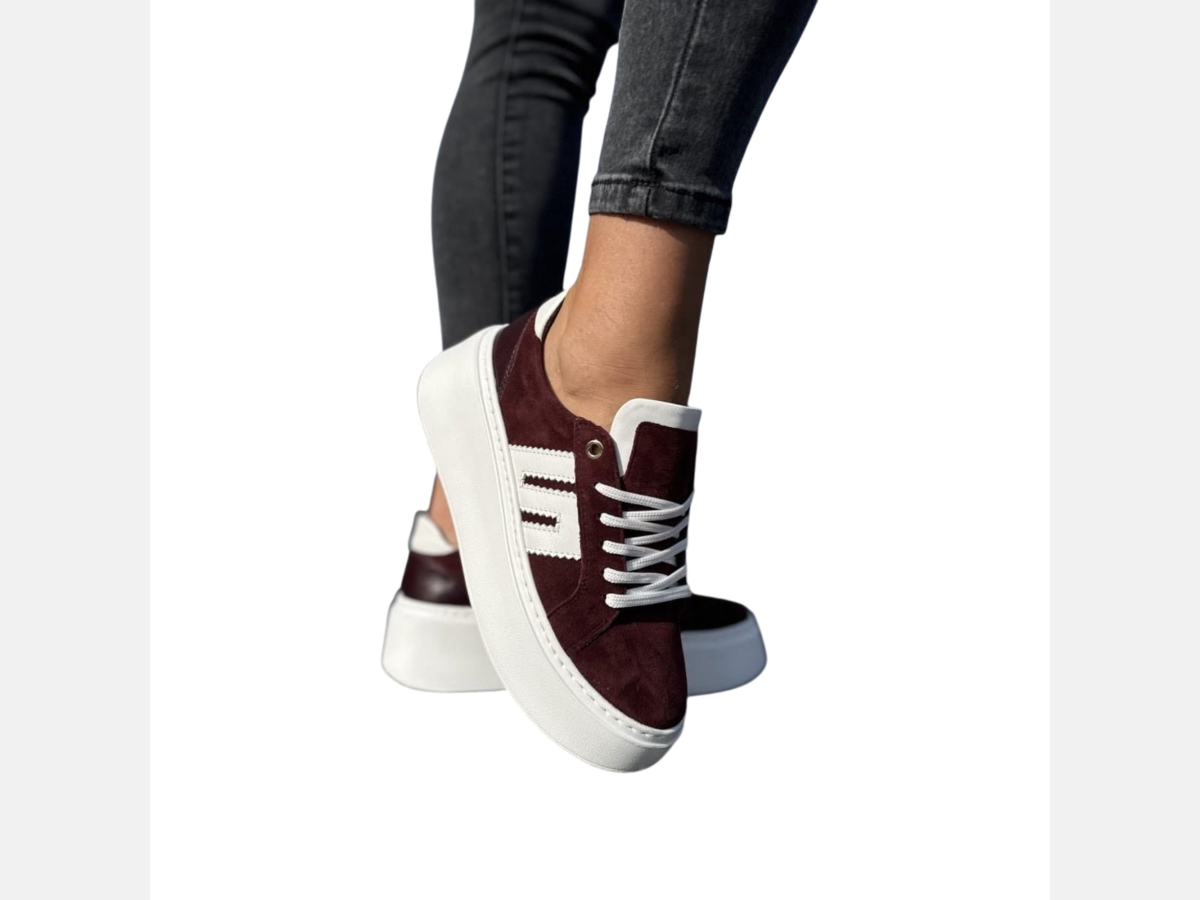 Bordowe sneakersy damskie, platforma, sznurowane, skóra naturalna LURSO
