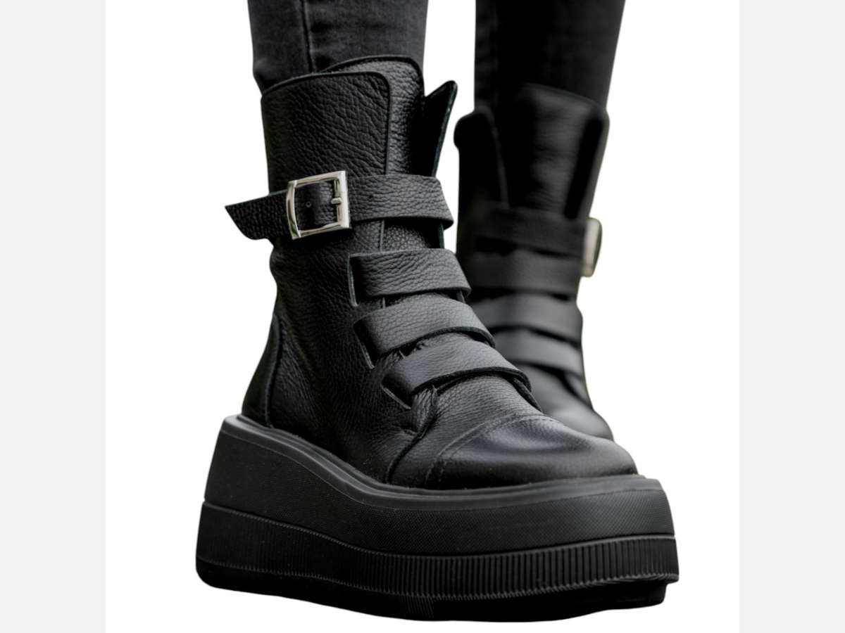 Botki damskie na podwyższonej podeszwie CZARNE skóra naturalna LURSO