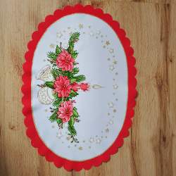 CZERWONA serwetka ŚWIĄTECZNA świeczka, dzwonek, bombka OWALNA 32-48 cm