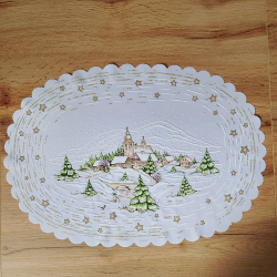 Serwetka ŚWIĄTECZNA dekoracja ZIMOWY pejzaż OWALNA 32-48 cm BIAŁA