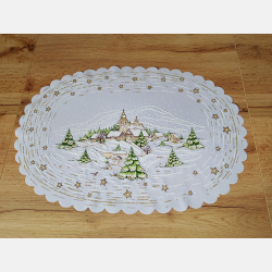 Serwetka ŚWIĄTECZNA dekoracja ZIMOWY pejzaż OWALNA 32-48 cm BIAŁA