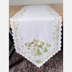 SZARFA świąteczna ELEGANCKA kościół zimowy pejzaż BIAŁA 35x140