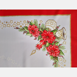 ŚWIĄTECZNY OBRUS 90x90 świeczka bombka, dzwoneczek KWADRAT czerwony