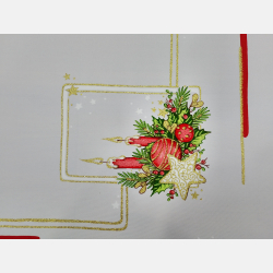 PIĘKNY OBRUS ŚWIĄTECZNY 120x160 cm BIAŁO-CZERWONY gwiazdki świece dzwoneczki gałązki