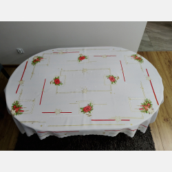 PIĘKNY OBRUS ŚWIĄTECZNY 120x160 cm BIAŁO-CZERWONY gwiazdki świece dzwoneczki gałązki