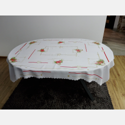 PIĘKNY OBRUS ŚWIĄTECZNY 120x160 cm BIAŁO-CZERWONY gwiazdki świece dzwoneczki gałązki