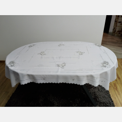 PIĘKNY OBRUS ŚWIĄTECZNY 120x160 cm BIAŁO-SZARY gwiazdki świece dzwoneczki gałązki