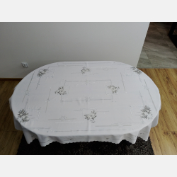 PIĘKNY OBRUS ŚWIĄTECZNY 120x160 cm BIAŁO-SZARY gwiazdki świece dzwoneczki gałązki