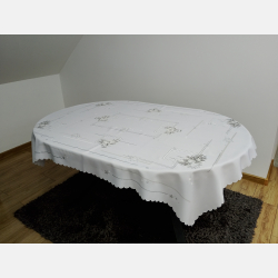 PIĘKNY OBRUS ŚWIĄTECZNY 120x160 cm BIAŁO-SZARY gwiazdki świece dzwoneczki gałązki