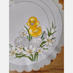 OKRĄGŁA serwetka WIELKANOCNA pisanki, stokrotki kurczaczek  35 CM