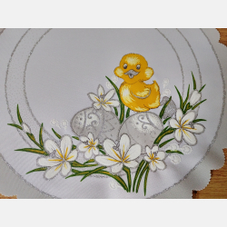 OKRĄGŁA serwetka WIELKANOCNA pisanki, stokrotki kurczaczek  35 CM