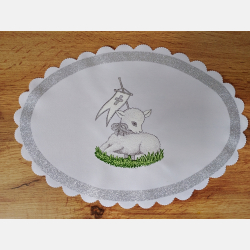OWALNA serwetka z BARANKIEM na trawce srebrny brokat 25x35 cm