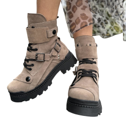 Ciemno beżowe TRAPERY damskie,sznurowane, zamek, paski hardcorowe LURSO
