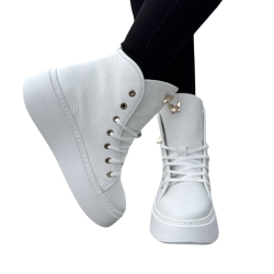 BIAŁE sneakersy, wyższe, złota wstawka motyla, kieszonka, skóra LURSO