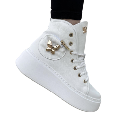 BIAŁE sneakersy, wyższe, złota wstawka motyla, kieszonka, skóra LURSO