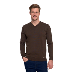 BRĄZOWY klasyczny sweter męski bawełniany o prostym kroju MORAJ