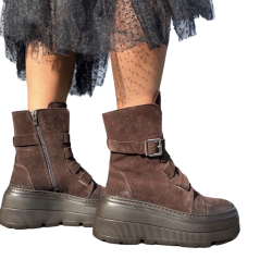 CZEKOLADOWE botki damskie, podwyższona podeszwa, paski zamek, LURSO