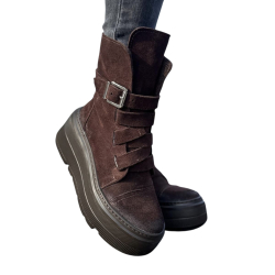 CZEKOLADOWE botki damskie, podwyższona podeszwa, paski zamek, LURSO