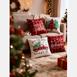 Świąteczna POSZEWKA na jasiek KRATKA,CZERWIEŃ, RENIFERY 45x45 MORAJ