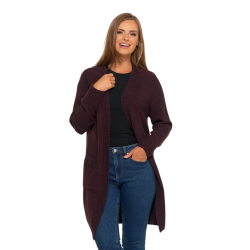 KARDIGAN damski długi sweter z kieszeniami BRĄZOWY MORAJ