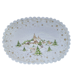 Serwetka ŚWIĄTECZNA dekoracja ZIMOWY pejzaż OWALNA 32-48 cm BIAŁA