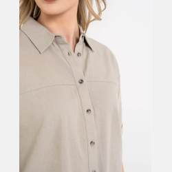 BEŻOWA koszula DAMSKA z LNU i WISKOZY, ELEGANCKA, KOŁNIERZ MORAJ