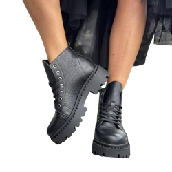 CZARNE traperki damskie NISKIE sznurowane, skóra naturalna LURSO