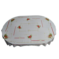 PIĘKNY OBRUS ŚWIĄTECZNY 120x160 cm BIAŁO-CZERWONY gwiazdki świece dzwoneczki gałązki