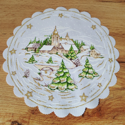 Serwetka ŚWIĄTECZNA dekoracja ZIMOWY pejzaż KOŁO 23 cm BIAŁA