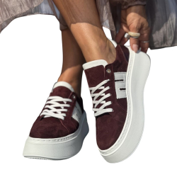 Bordowe sneakersy damskie, platforma, sznurowane, skóra naturalna LURSO