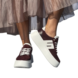 Bordowe sneakersy damskie, platforma, sznurowane, skóra naturalna LURSO
