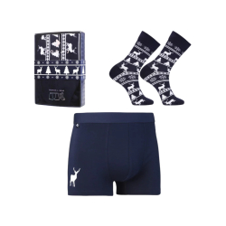 GRANATOWY męski zestaw świąteczny BOKSERKI i SKARPETY z reniferem MORAJ