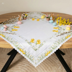 KWADRATOWY OBRUS WIELKANOCNY kurczaczki, stokrotki,pisanki 90x90