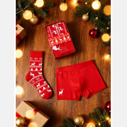 CZERWONY męski zestaw świąteczny BOKSERKI i SKARPETY z reniferem MORAJ