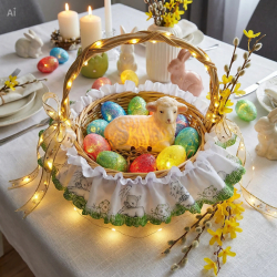 DUŻA opaska na koszyczek WIELKANOCNY BARANKA srebrne wstawki śr. 60 cm NOWOŚĆ