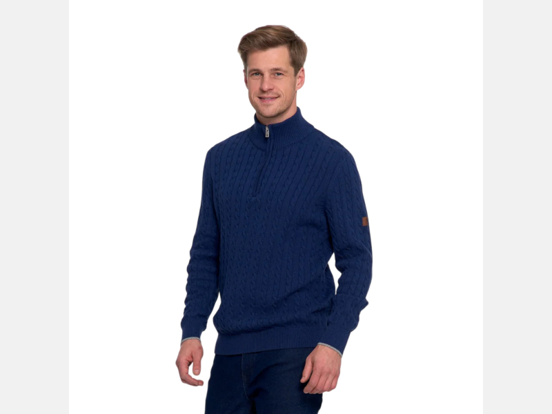 GRANATOWY męski DZIANINOWY sweter, zamek, półgolf, wzorek MORAJ