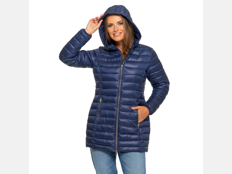 Przejściowa PUCHOWA kurtka damska GRANATOWA  z kapturem MORAJ