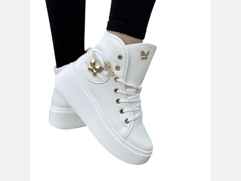 BIAŁE sneakersy, wyższe, złota wstawka motyla, kieszonka, skóra LURSO
