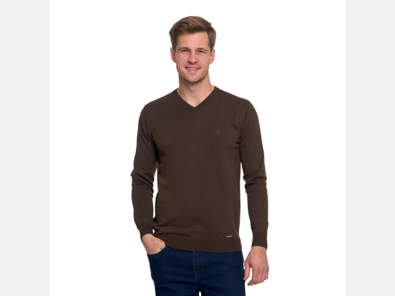 BRĄZOWY klasyczny sweter męski bawełniany o prostym kroju MORAJ