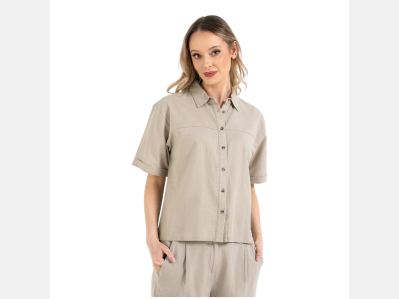 BEŻOWA koszula DAMSKA z LNU i WISKOZY, ELEGANCKA, KOŁNIERZ MORAJ