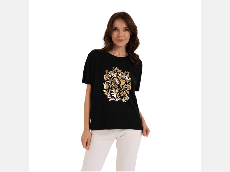 KOSZULKA DAMSKA ze ZŁOTYM nadrukiem CZARNA, krótki rękaw MORAJ
