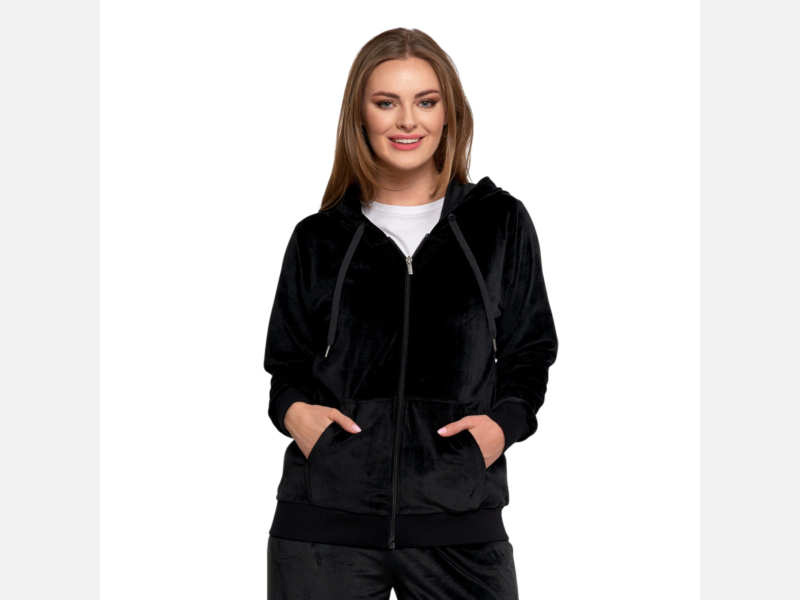 WELUROWA bluza damska NA ZAMEK, KIESZENIE, kaptur MORAJ