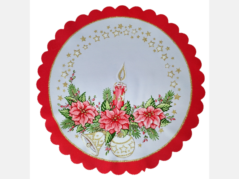 CZERWONA serwetka ŚWIĄTECZNA świeczka, dzwonek, bombka KOŁO 35 cm