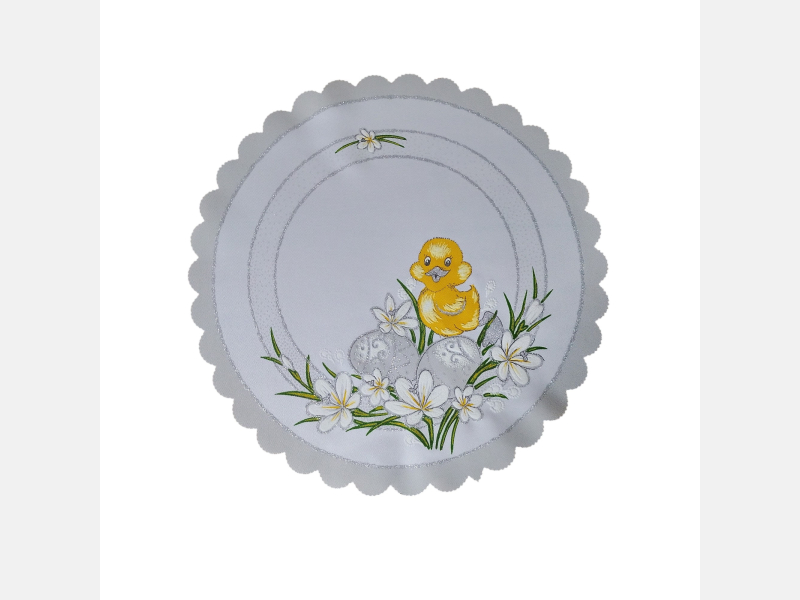 OKRĄGŁA serwetka WIELKANOCNA pisanki, stokrotki kurczaczek  35 CM