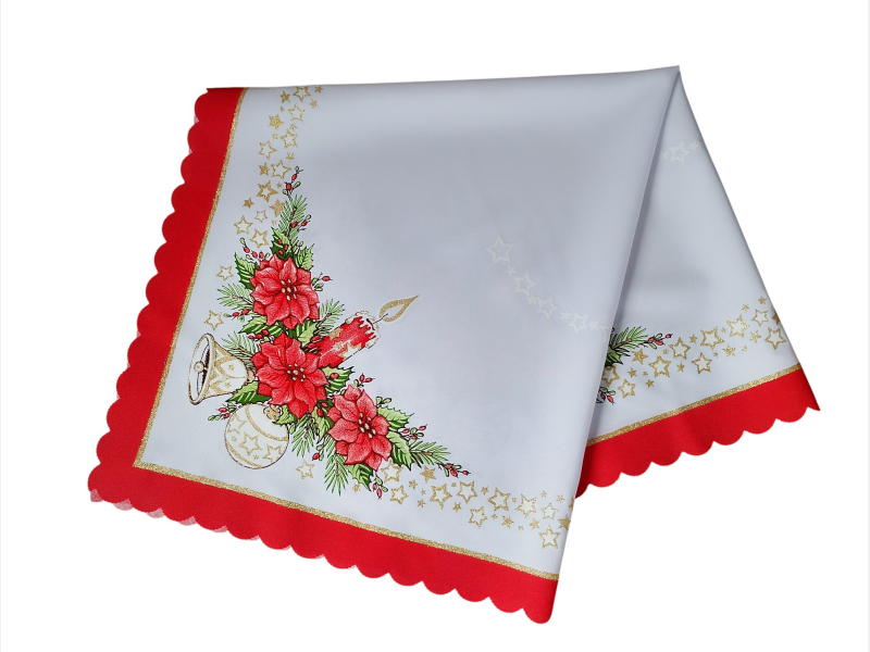 ŚWIĄTECZNY OBRUS 90x90 świeczka bombka, dzwoneczek KWADRAT czerwony