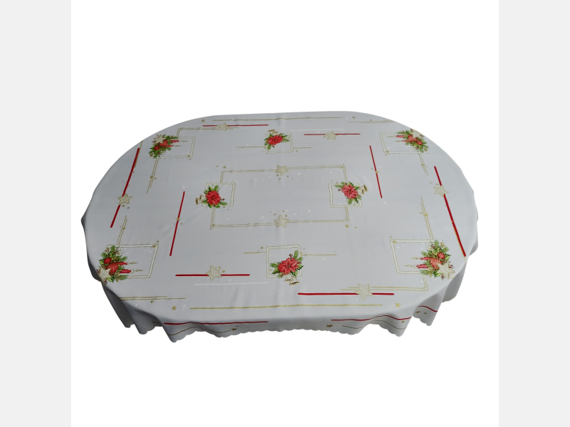 PIĘKNY OBRUS ŚWIĄTECZNY 120x140 cm BIAŁO-CZERWONY gwiazdki świece dzwoneczki gałązki