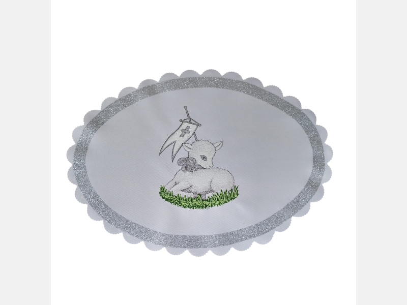 OWALNA serwetka z BARANKIEM na trawce srebrny brokat 25x35 cm