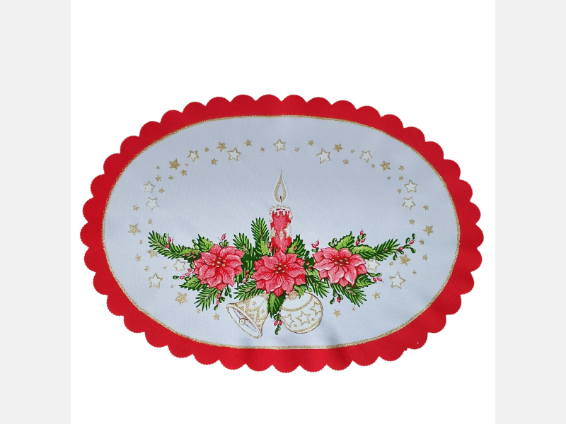 CZERWONA serwetka ŚWIĄTECZNA świeczka, dzwonek, bombka OWALNA 32-48 cm